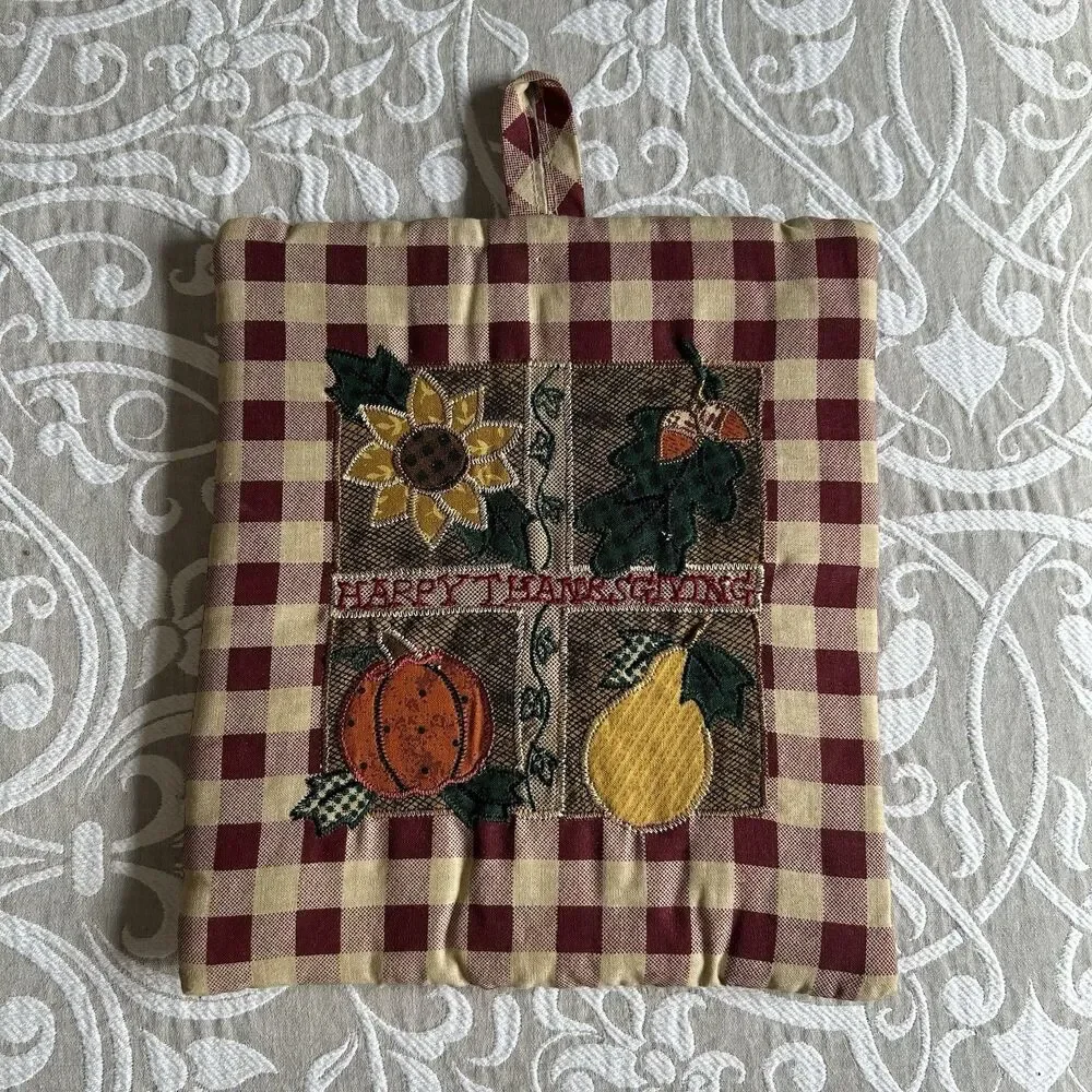 Table Runner Pot Holder Set Happy Thanksgiving Botanical Buffalo Check Maroon
